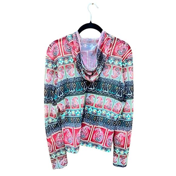Pings Imports Pleats Collection Multicolor Sheer Y2K Zip Up Hooded Shirt Size S - Picture 5 of 11
